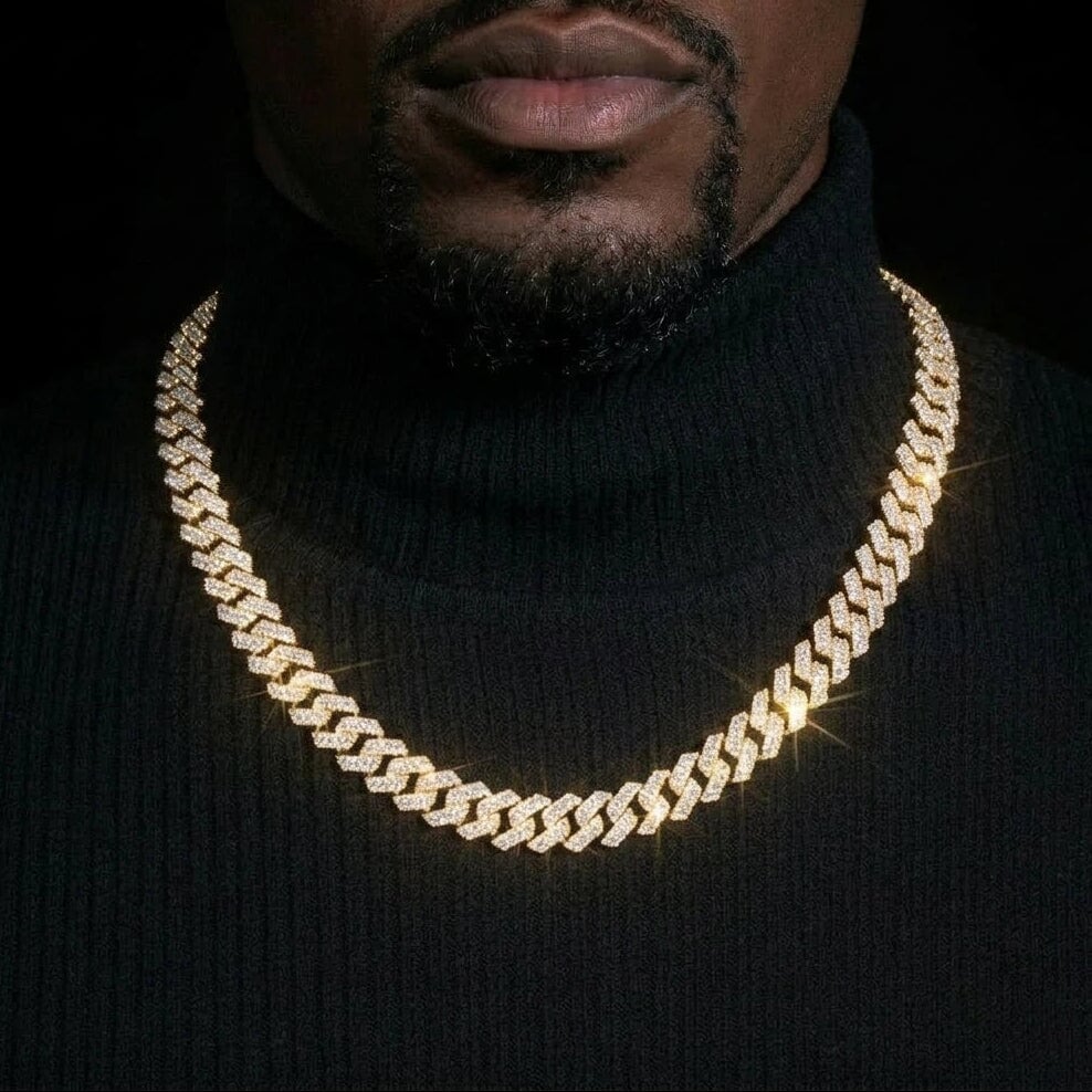 S925 Moissanite Diamond Cuban Link Prong Chain in 14K Gold - 10mm Necklaces 