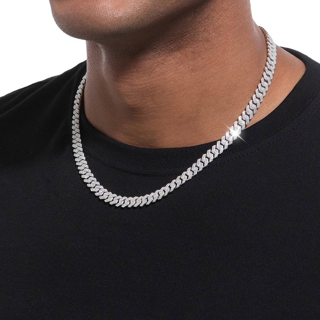 S925 Moissanite Diamond Cuban Link Prong Chain in White Gold - 8mm Necklaces 