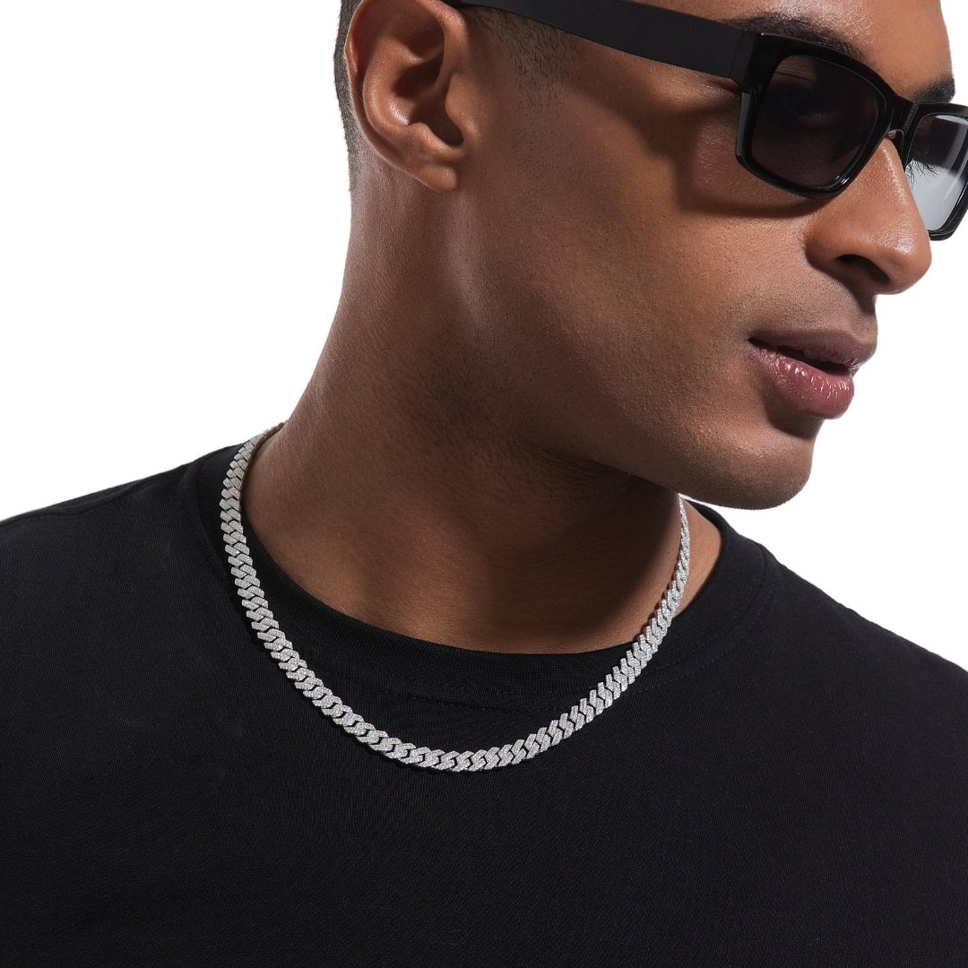 S925 Moissanite Diamond Cuban Link Prong Chain in White Gold - 8mm Necklaces 