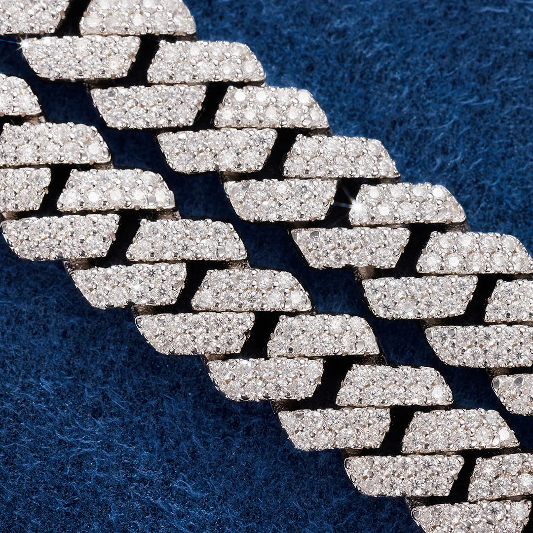 S925 Moissanite Diamond Cuban Link Prong Chain in White Gold - 8mm Necklaces 