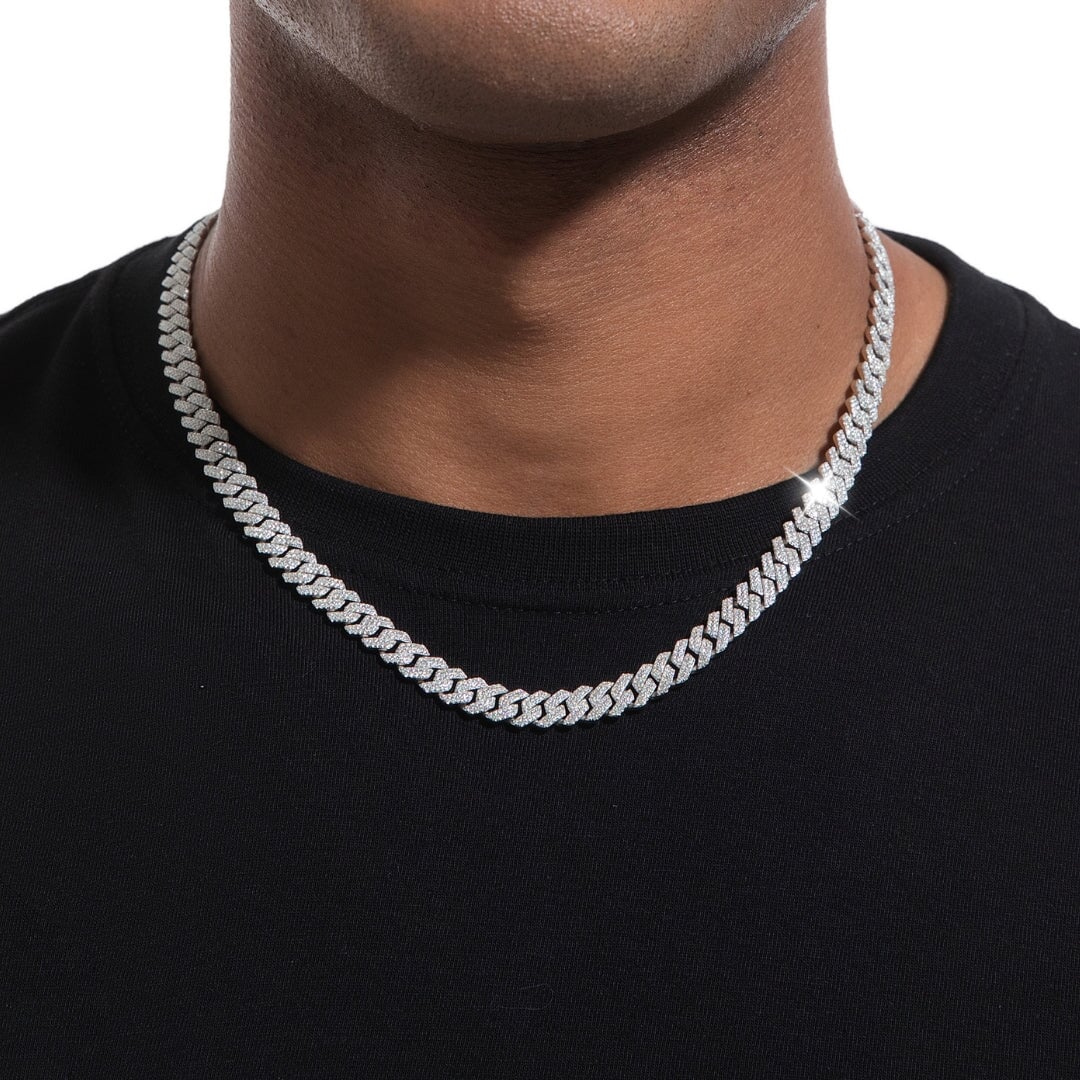 S925 Moissanite Diamond Cuban Link Prong Chain in White Gold - 8mm Necklaces 