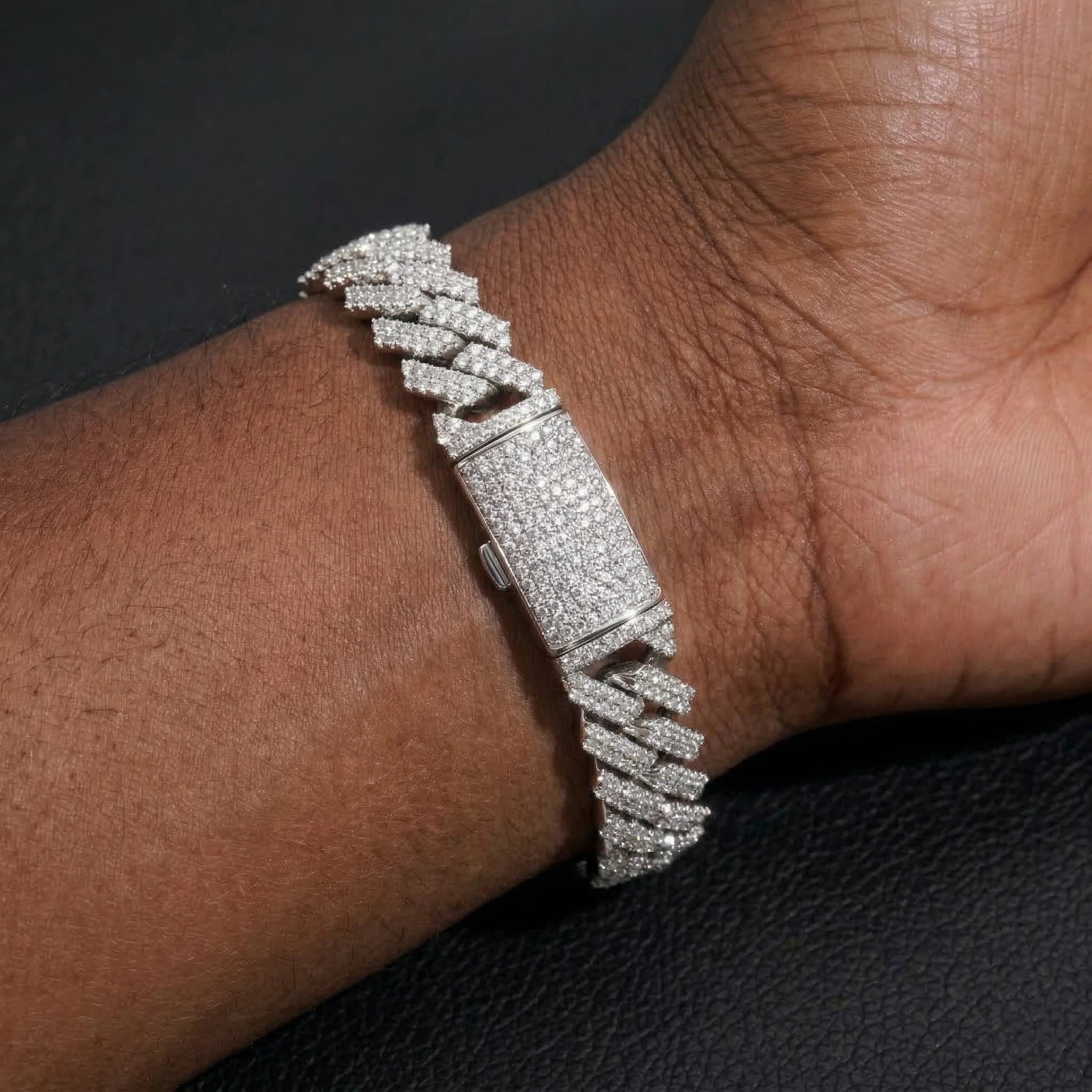 S925 Moissanite Diamond Prong Cuban Link Bracelet in White Gold - 12mm Bracelets 