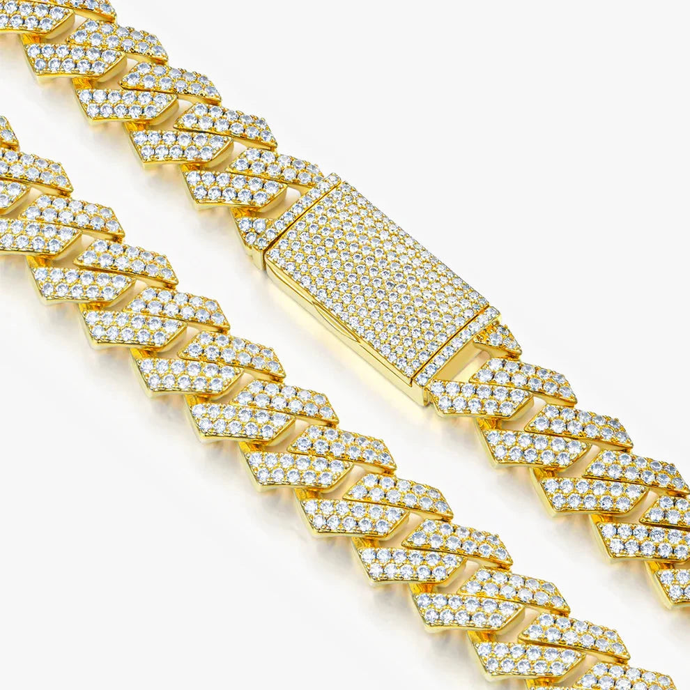 S925 Moissanite Diamond Prong Cuban Link Chain in 14K Gold - 14mm Necklaces 