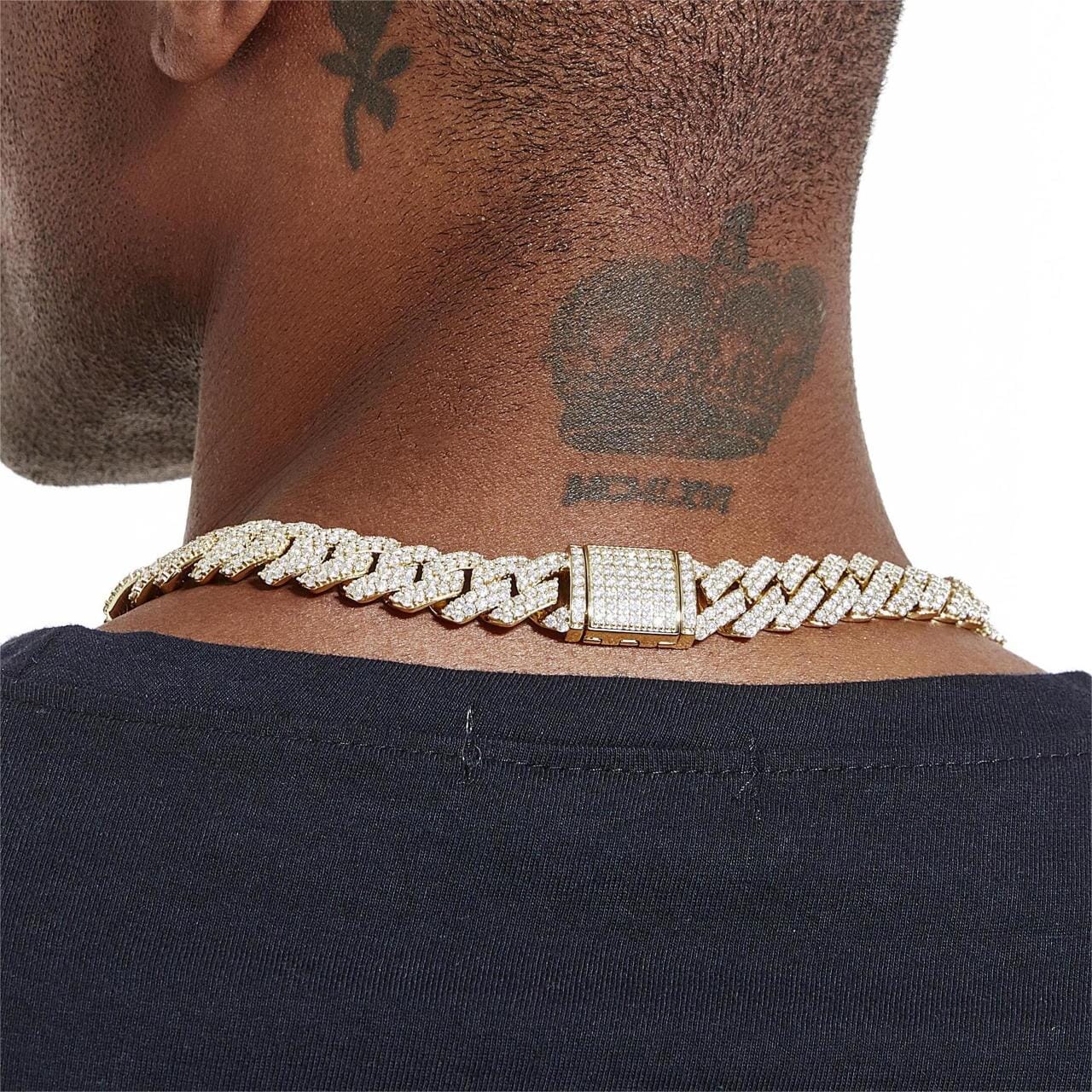 S925 Moissanite Diamond Prong Cuban Link Chain in 14K Gold - 15mm 