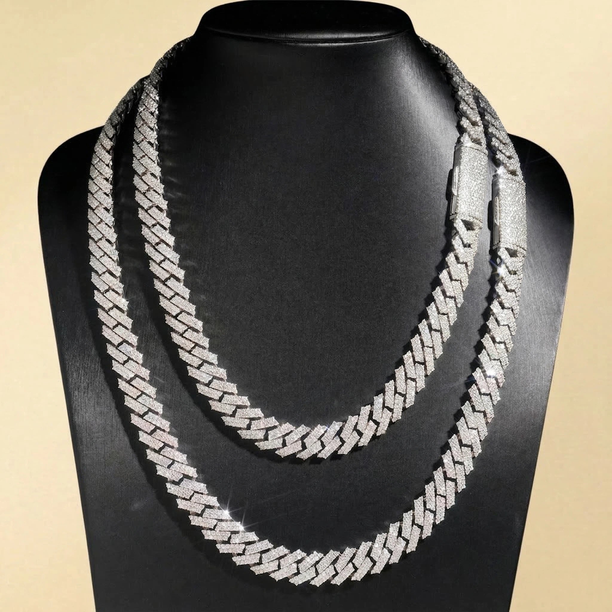 S925 Moissanite Diamond Prong Cuban Link Chain in White Gold - 12mm Necklaces 
