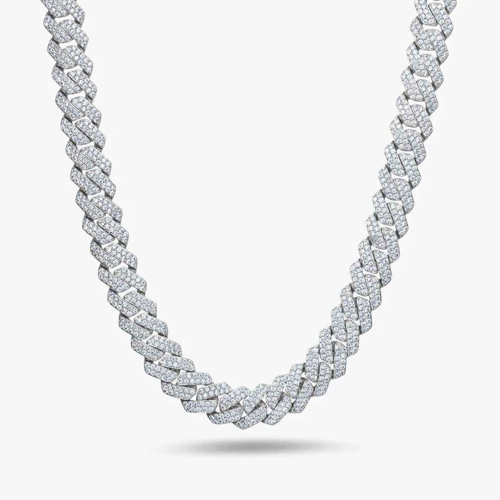 S925 Moissanite Diamond Prong Cuban Link Chain in White Gold - 12mm Necklaces 