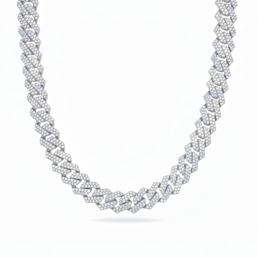 S925 Moissanite Diamond Prong Cuban Link Chain in White Gold - 14mm Necklaces 