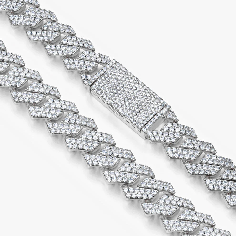 S925 Moissanite Diamond Prong Cuban Link Chain in White Gold - 14mm Necklaces 