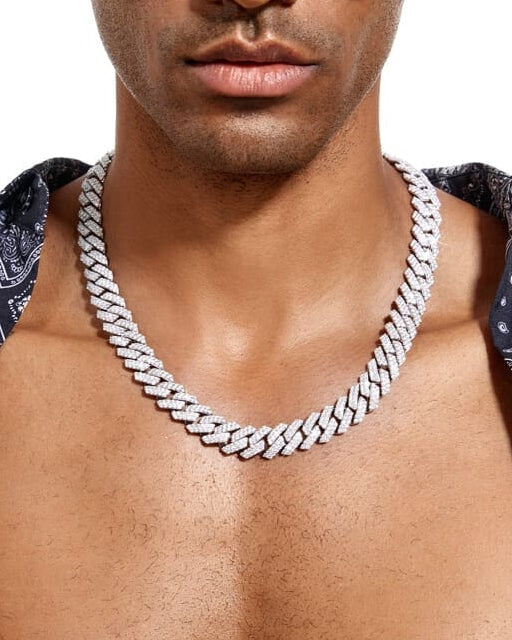 S925 Moissanite Diamond Prong Cuban Link Chain in White Gold - 15mm 