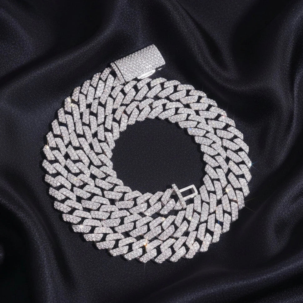 S925 Moissanite Diamond Prong Cuban Link Chain in White Gold - All Sizes Necklaces 