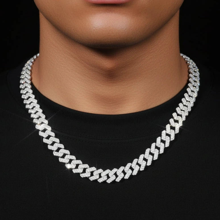 S925 Moissanite Diamond Prong Cuban Link Chain in White Gold - All Sizes Necklaces 