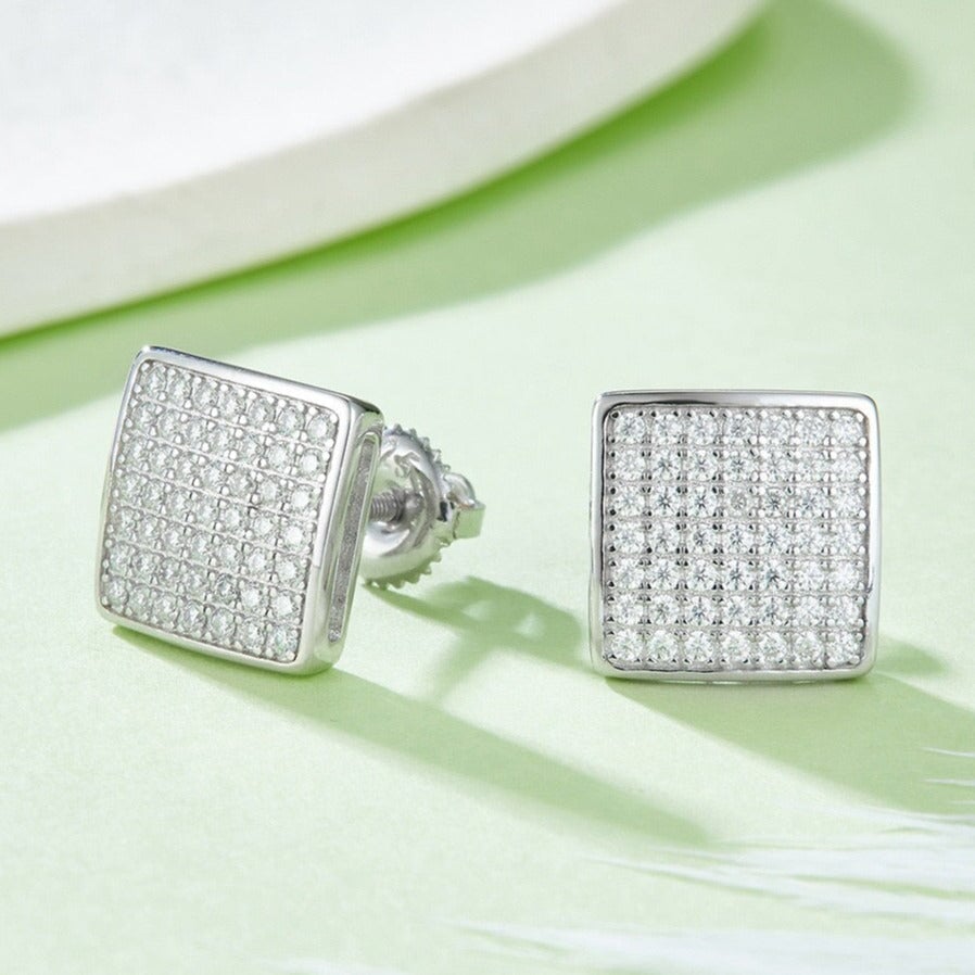 S925 Moissanite Diamond Square Stud Earrings in White Gold - 10mm Earrings 