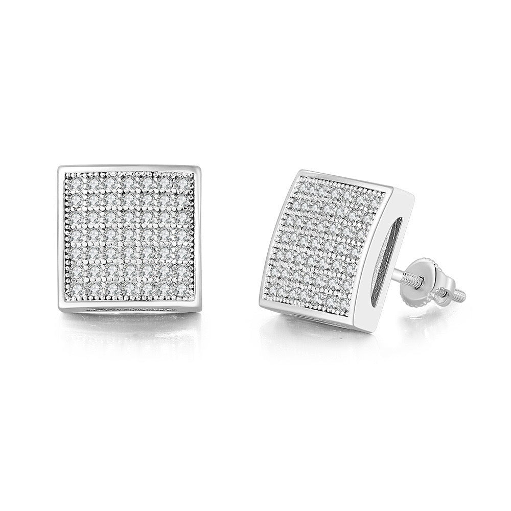 S925 Moissanite Diamond Square Stud Earrings in White Gold - 10mm Earrings 