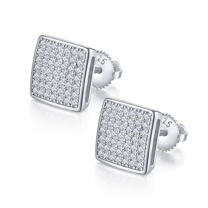S925 Moissanite Diamond Square Stud Earrings in White Gold - 10mm Earrings 