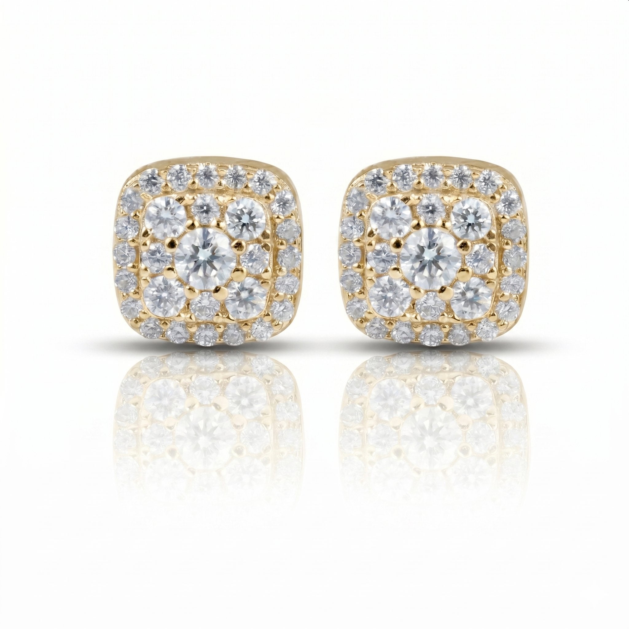 S925 Moissanite Halo Square Stud Earrings in 14K Gold - 8mm/Screw Back Earrings 