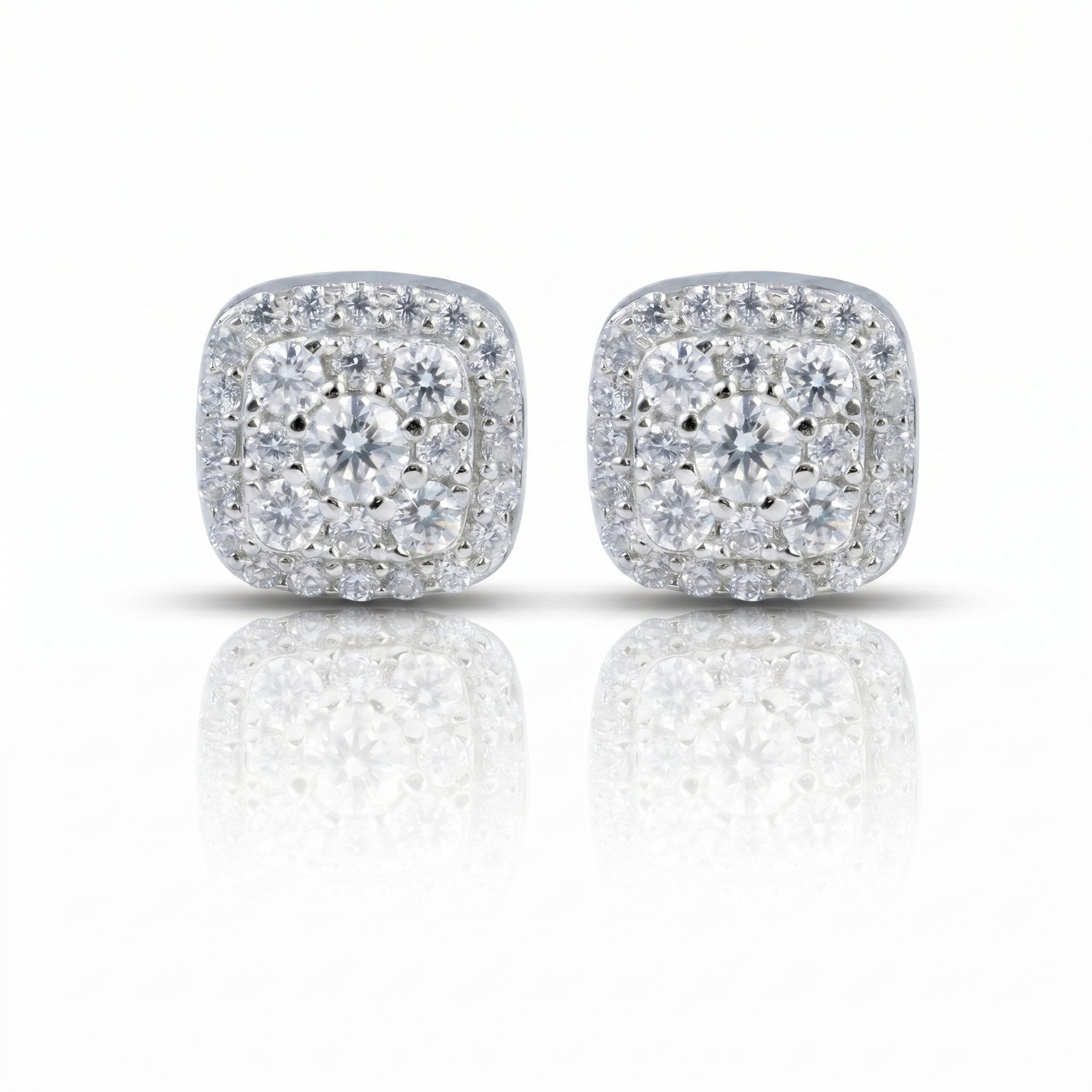 S925 Moissanite Halo Square Stud Earrings in White Gold - 8mm/Screw Back Earrings 