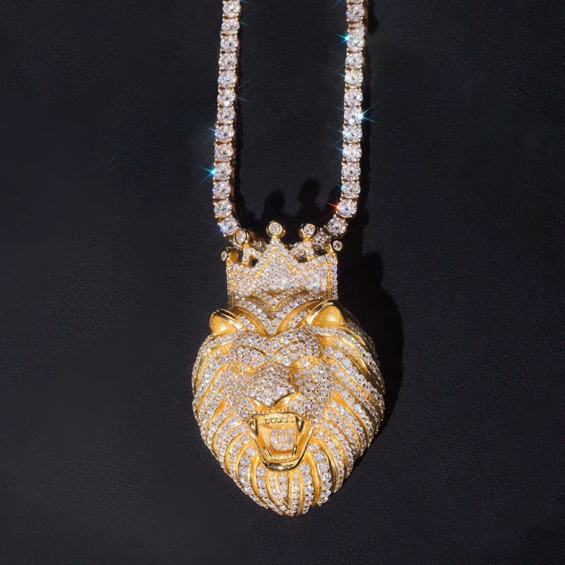 S925 Moissanite Lion Head With Crown Pendant Charms & Pendants 925 Silver & D Moissanite (VVS1 Shine) 14k Gold 2.5inch (40x62mm)