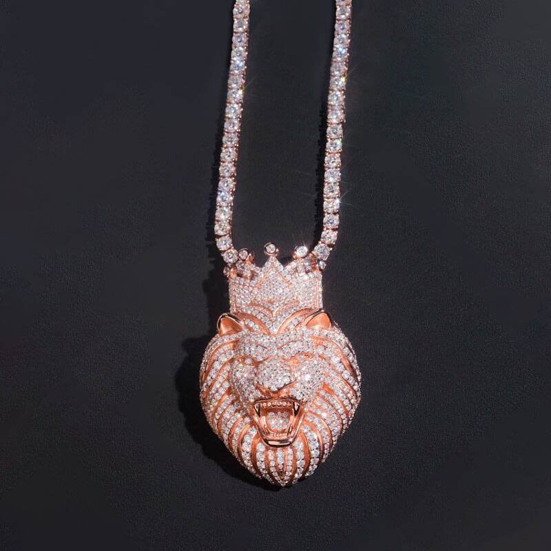 S925 Moissanite Lion Head With Crown Pendant Charms & Pendants 925 Silver & D Moissanite (VVS1 Shine) Rose Gold 2.5inch (40x62mm)