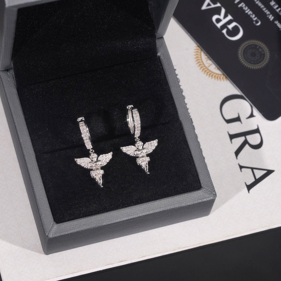S925 Moissanite Micro Putto Angel Hoop Earrings in White Gold Earrings 