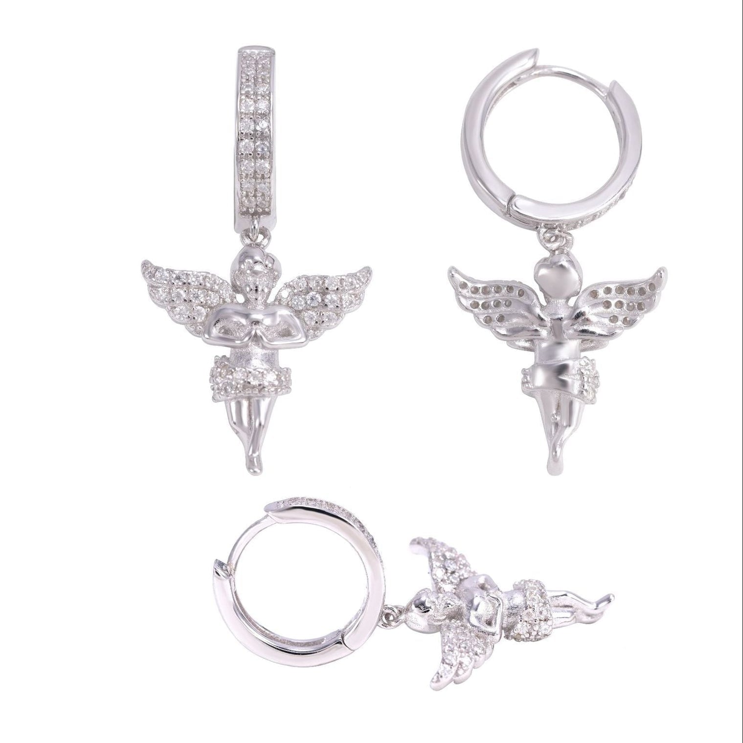S925 Moissanite Micro Putto Angel Hoop Earrings in White Gold Earrings 