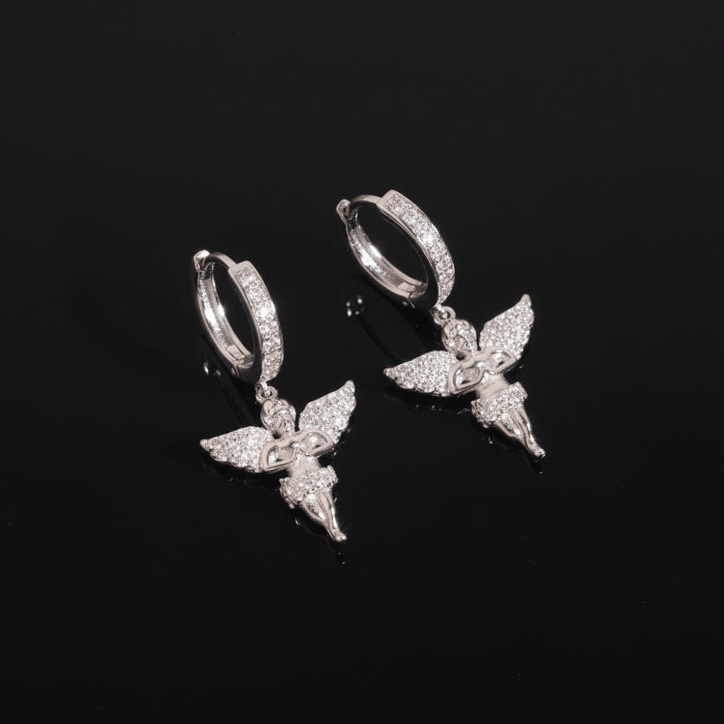 S925 Moissanite Micro Putto Angel Hoop Earrings in White Gold Earrings 