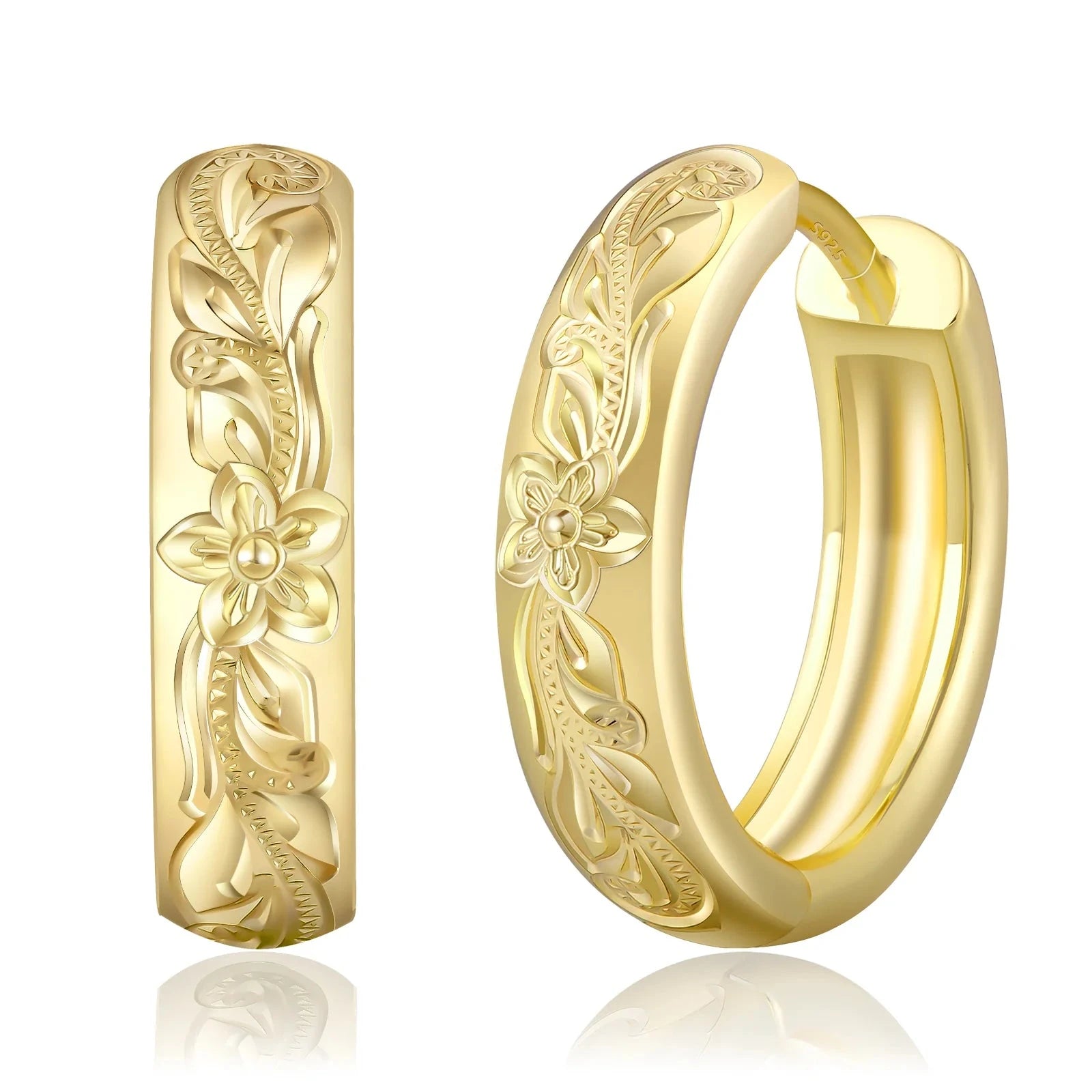 S925 Plumeria Tropical Hawaiian Flower Hoop Earrings in 14K Gold - 15mm Earrings 