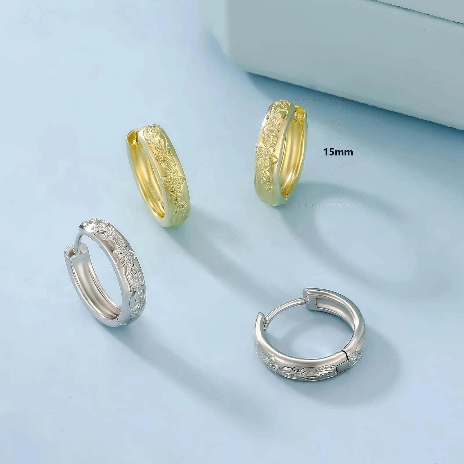 S925 Plumeria Tropical Hawaiian Flower Hoop Earrings in White Gold - 15mm Earrings 