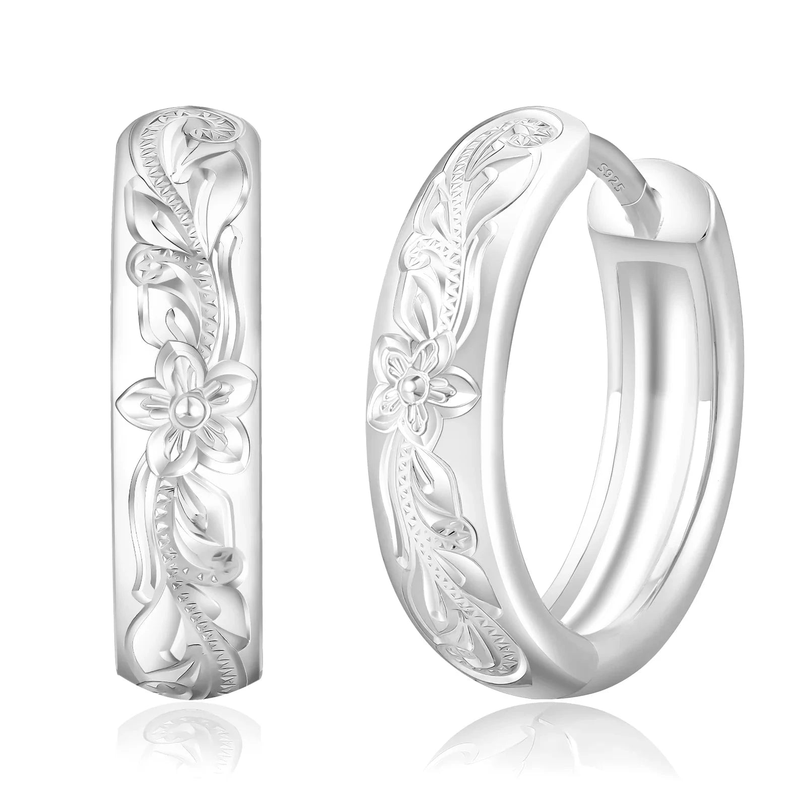 S925 Plumeria Tropical Hawaiian Flower Hoop Earrings in White Gold - 15mm Earrings 