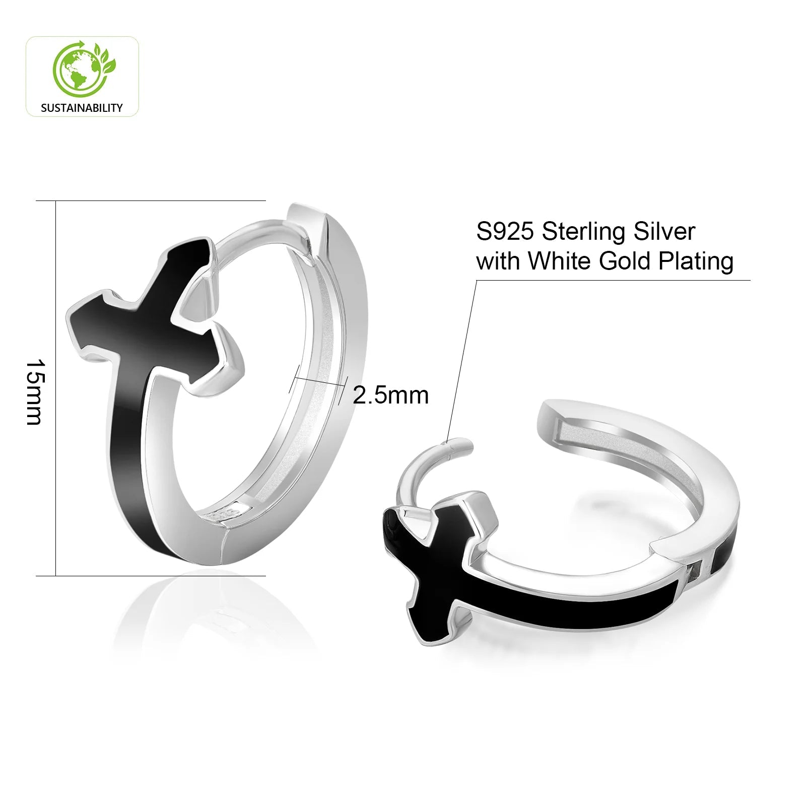 S925 Silver Black Cross Hoop Earrings in White Gold - 15mm Earrings 
