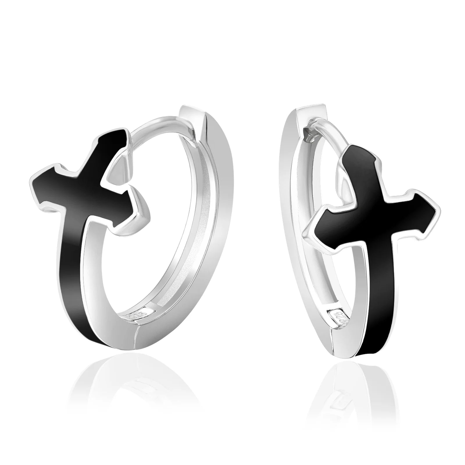 S925 Silver Black Cross Hoop Earrings in White Gold - 15mm Earrings 