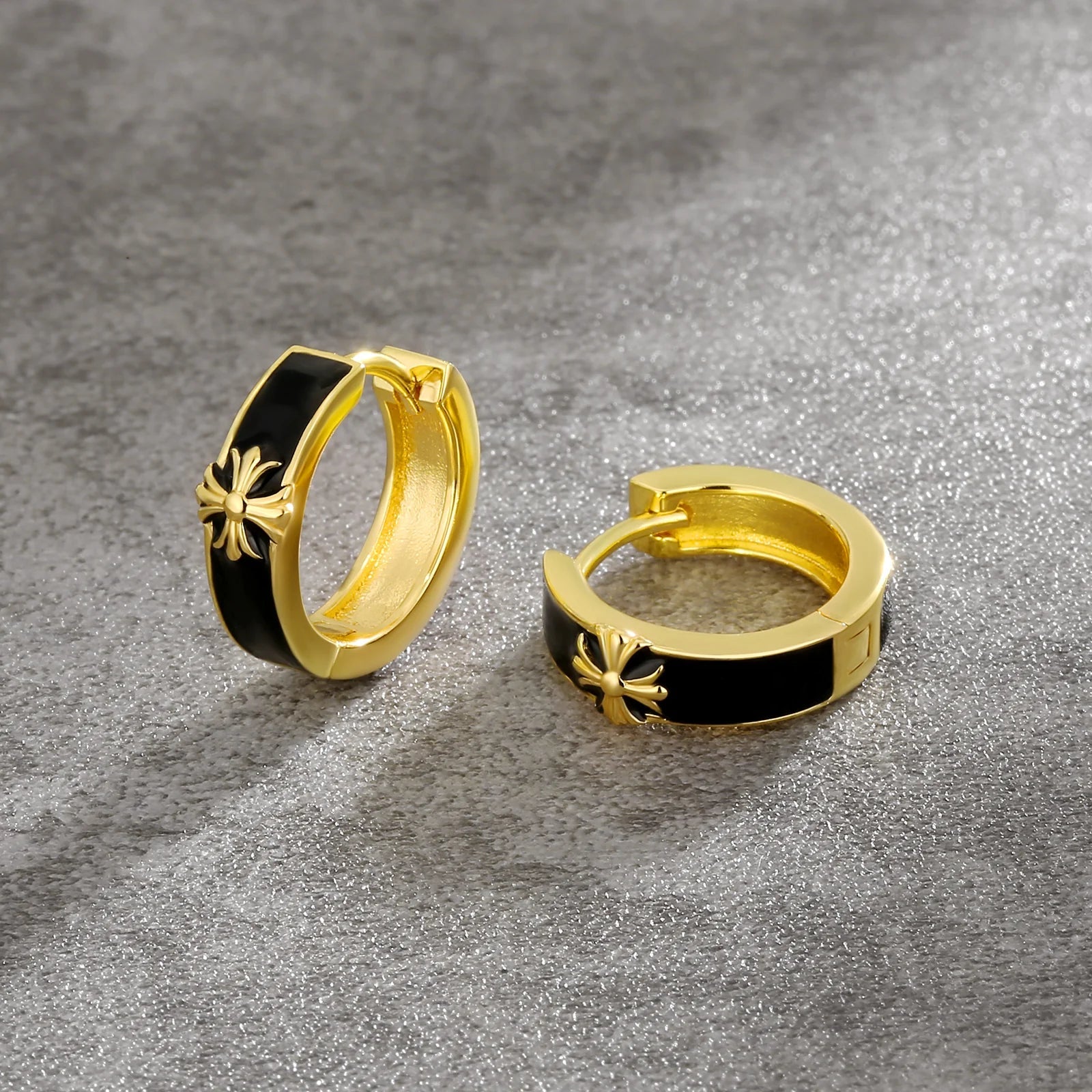 S925 Silver Black Enamel Cross Hoop Earrings in 14K Gold - 15mm Earrings 