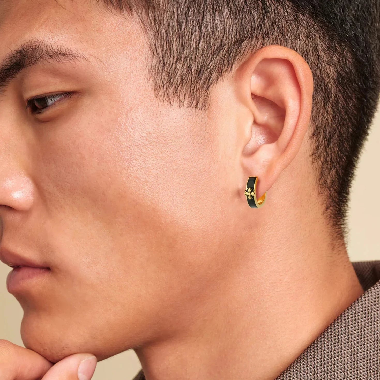 S925 Silver Black Enamel Cross Hoop Earrings in 14K Gold - 15mm Earrings 