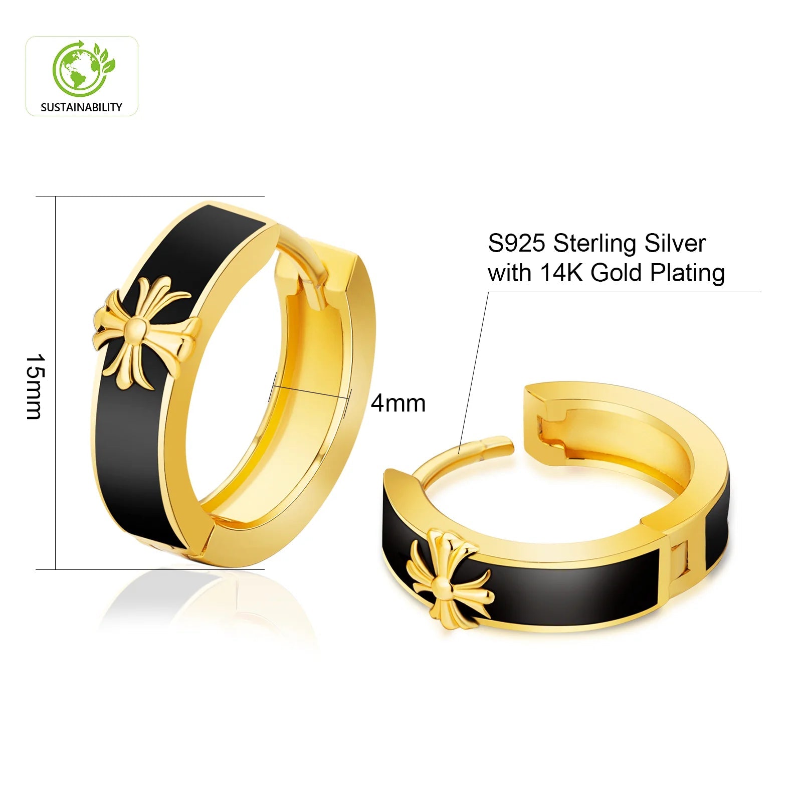 S925 Silver Black Enamel Cross Hoop Earrings in 14K Gold - 15mm Earrings 