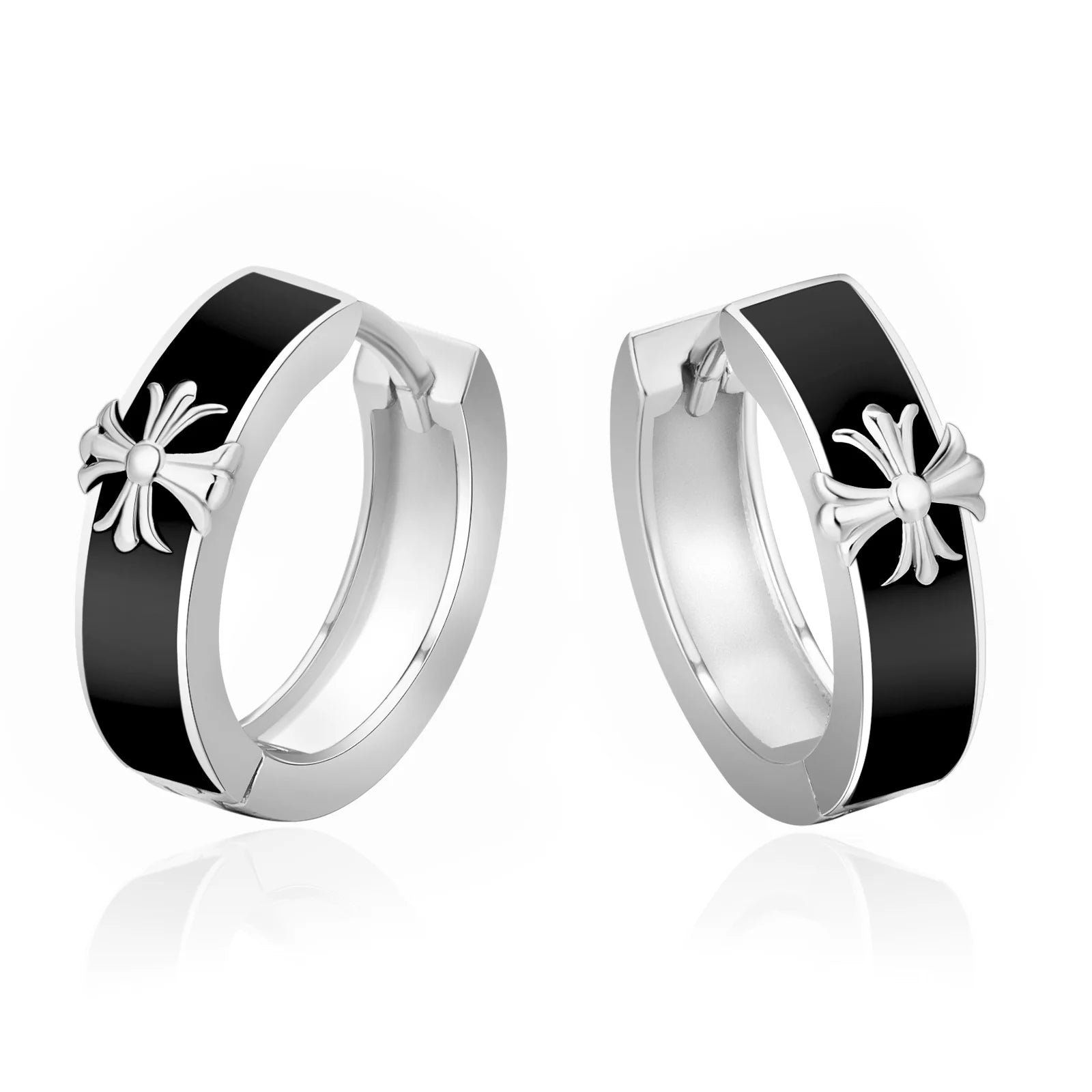 S925 Silver Black Enamel Cross Hoop Earrings in White Gold - 15mm Earrings 