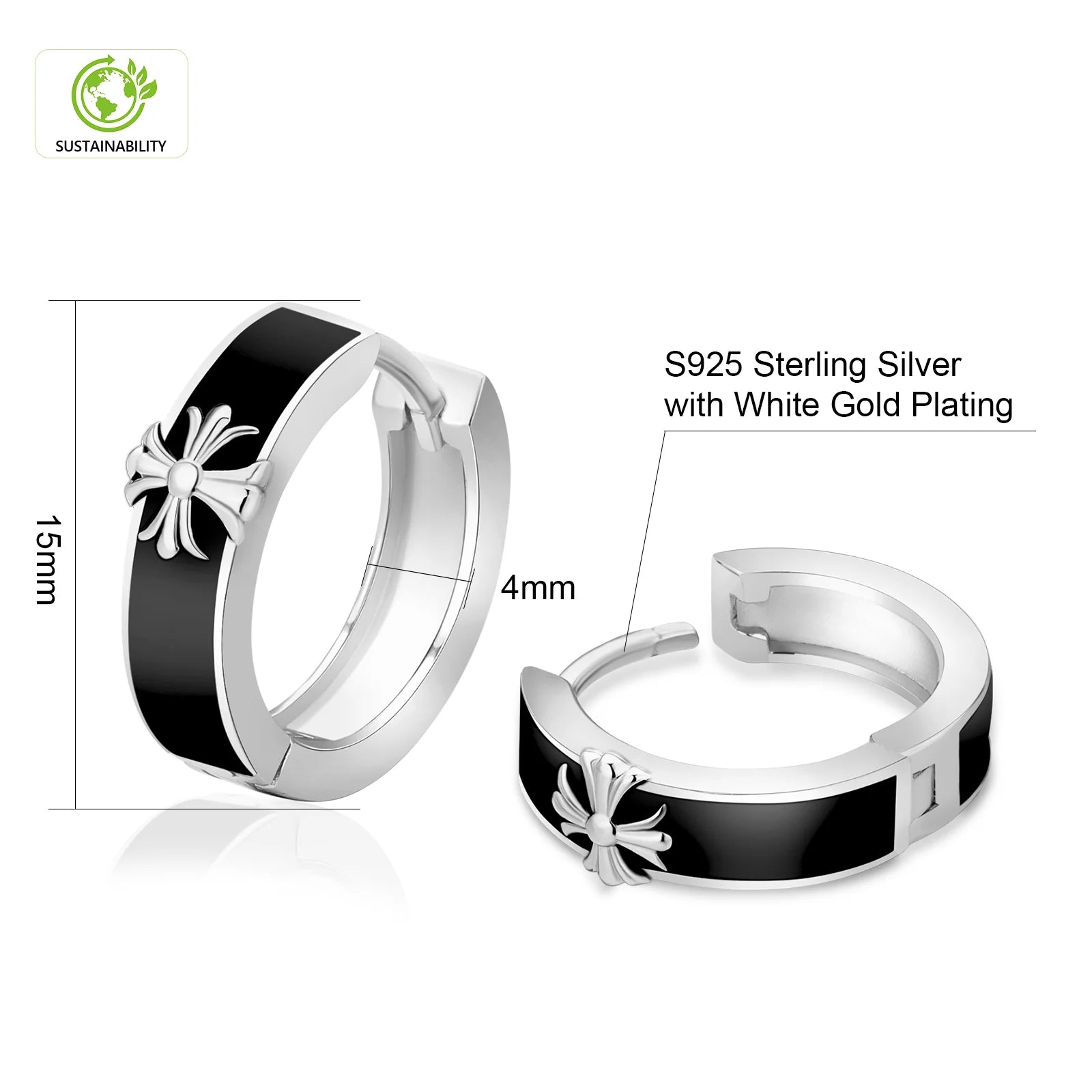 S925 Silver Black Enamel Cross Hoop Earrings in White Gold - 15mm Earrings 