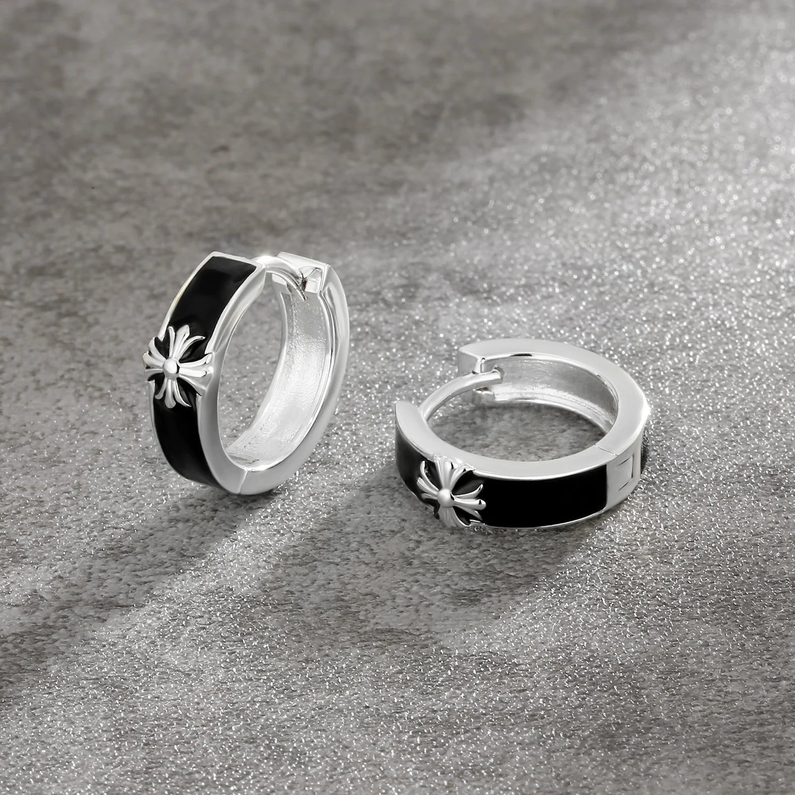 S925 Silver Black Enamel Cross Hoop Earrings in White Gold - 15mm Earrings 