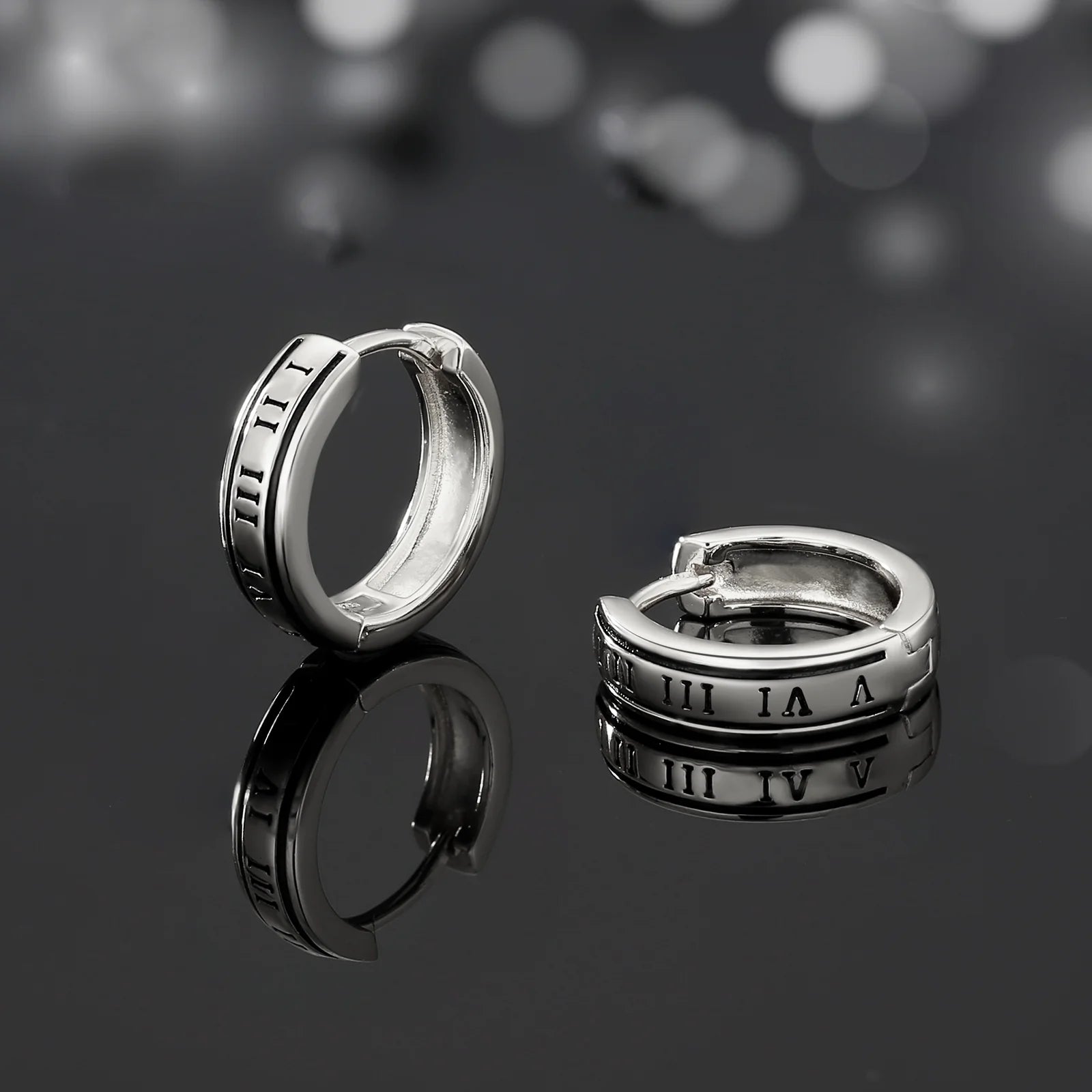 S925 Silver Black Roman Numerals Hoop Earrings in White Gold - 15mm Earrings 