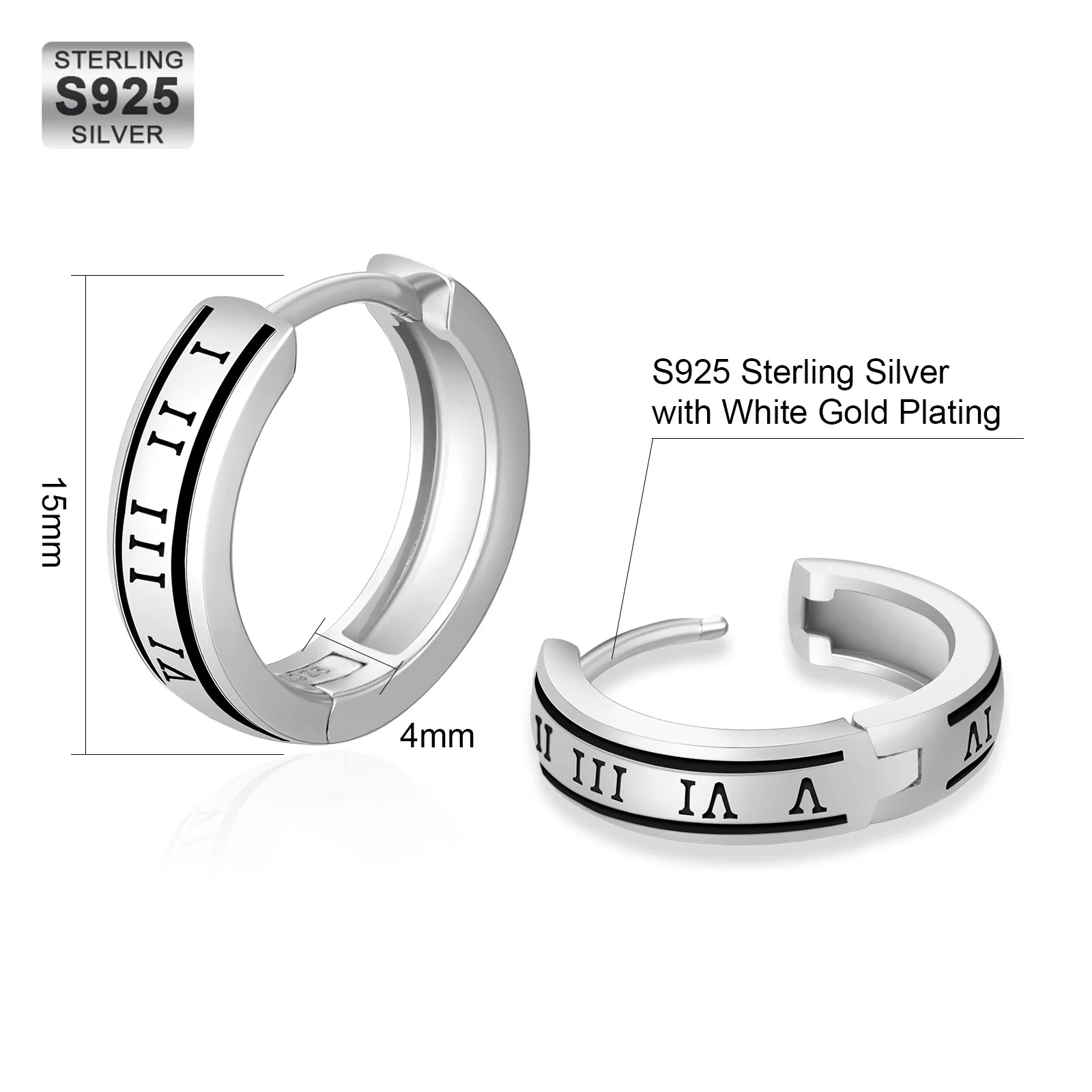 S925 Silver Black Roman Numerals Hoop Earrings in White Gold - 15mm Earrings 