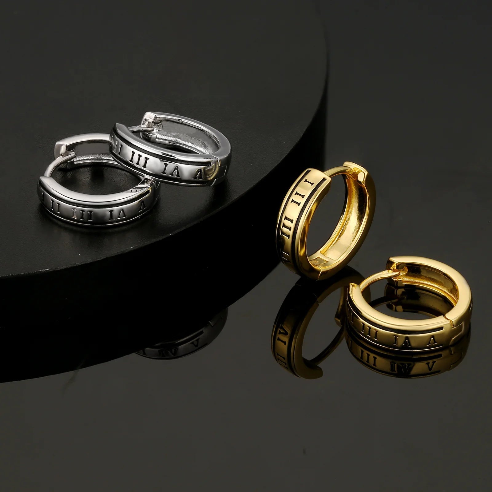 S925 Silver Black Roman Numerals Hoop Earrings in White Gold - 15mm Earrings 