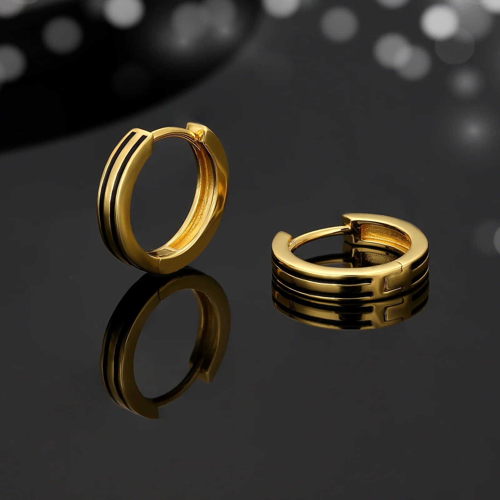 S925 Silver Black Stripe Hoop Earrings in 14K Gold - 15mm Earrings 