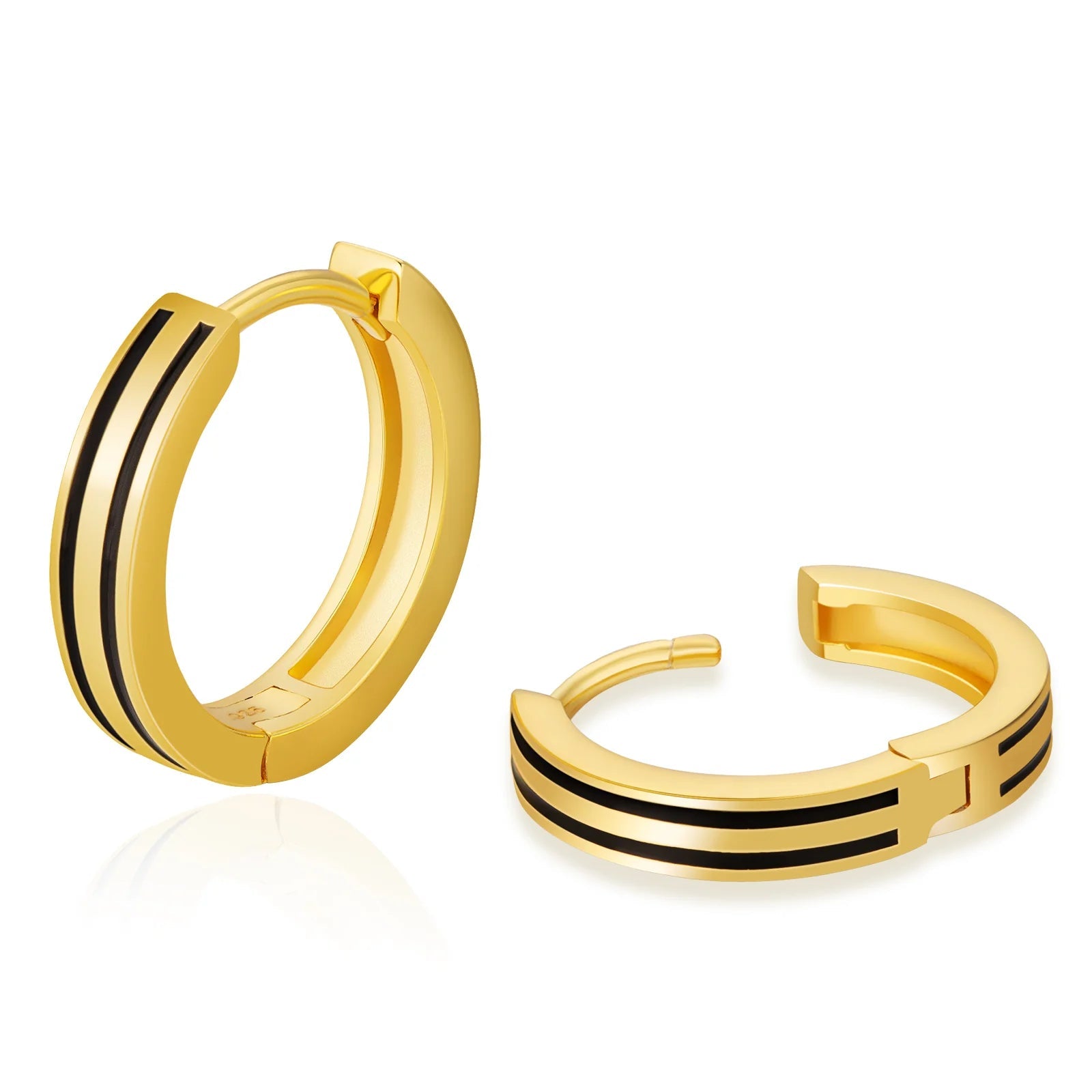 S925 Silver Black Stripe Hoop Earrings in 14K Gold - 15mm Earrings 