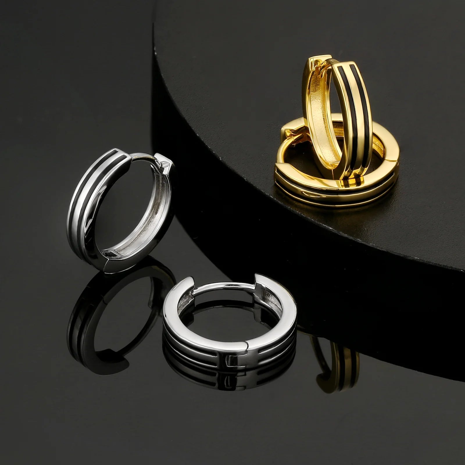 S925 Silver Black Stripe Hoop Earrings in White Gold - 15mm Earrings 