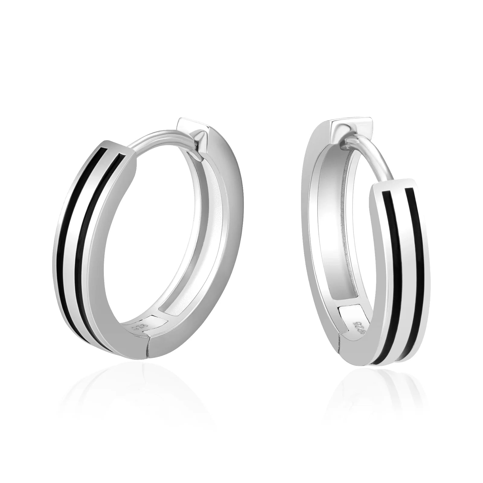 S925 Silver Black Stripe Hoop Earrings in White Gold - 15mm Earrings 