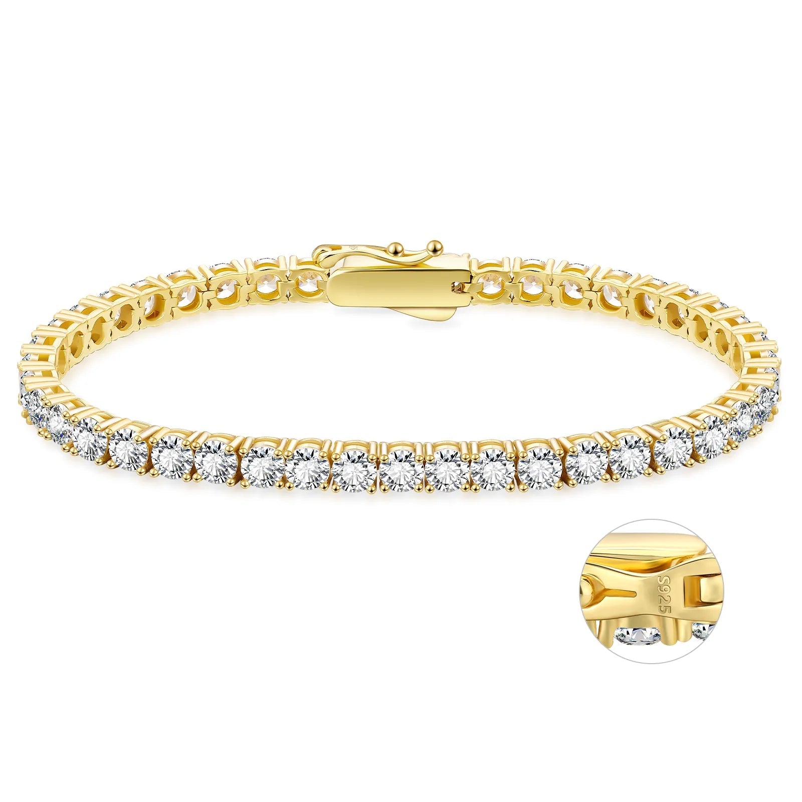 S925 Silver CZ Diamond Tennis Bracelet in 14K Gold - 4mm Bracelets 7" 925 Sterling Silver 14K Gold