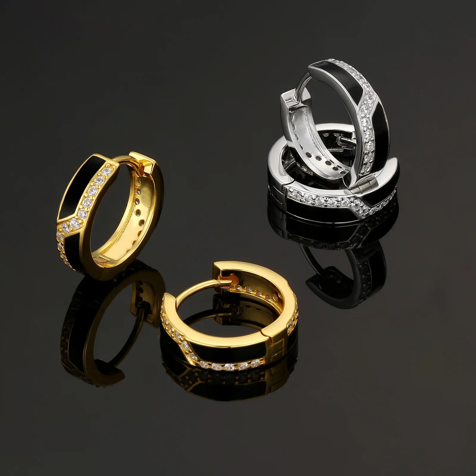 S925 Silver Iced Black Hoop Earrings in 14K Gold - 15mm Earrings 
