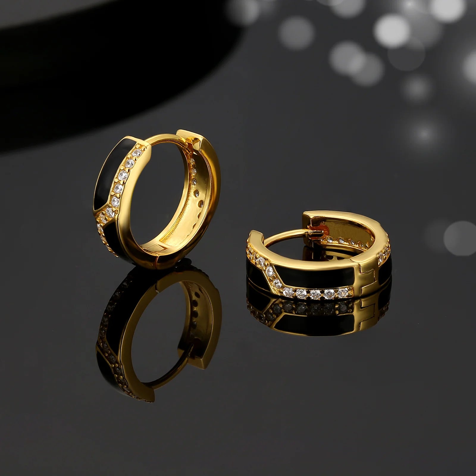 S925 Silver Iced Black Hoop Earrings in 14K Gold - 15mm Earrings 