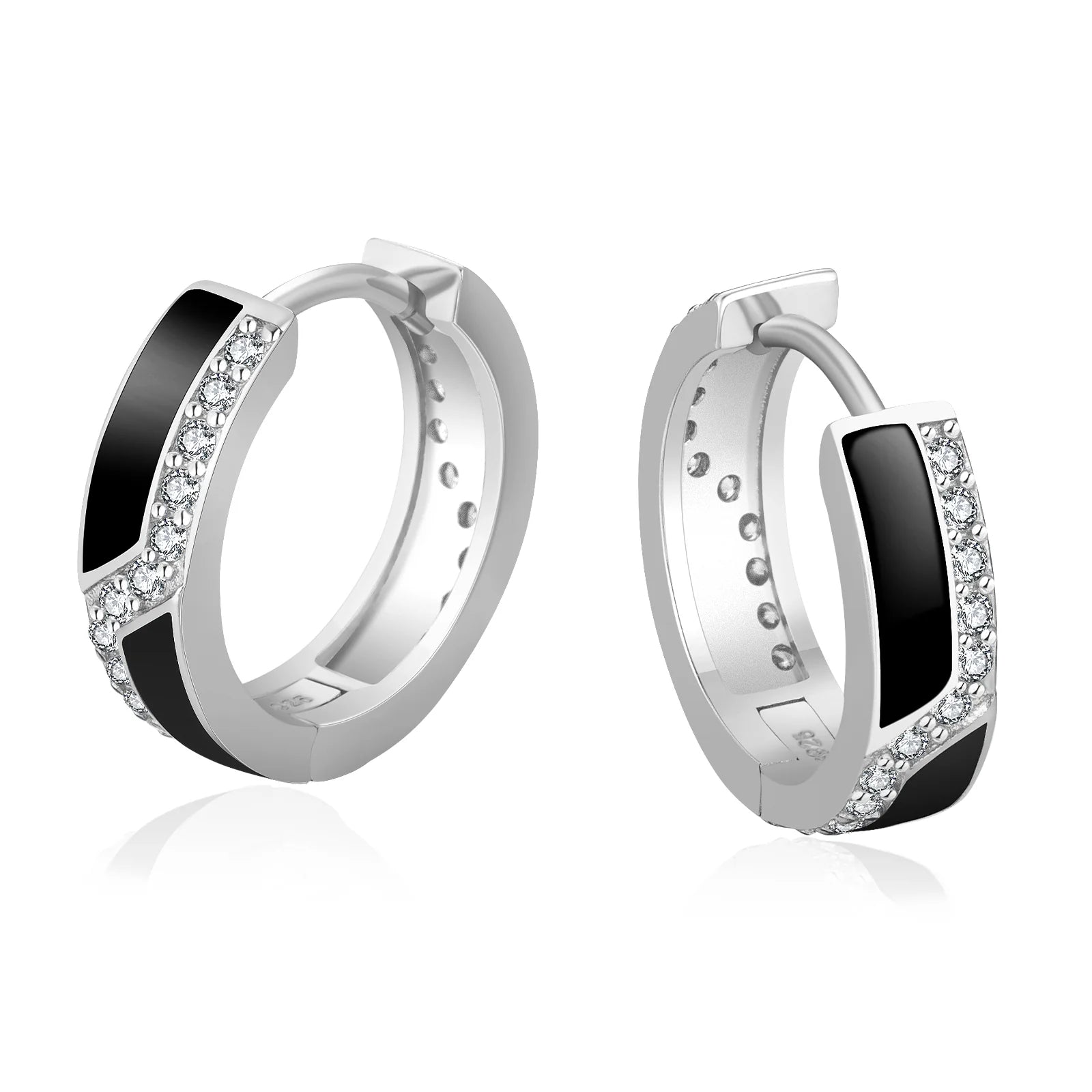 S925 Silver Iced Black Hoop Earrings in White Gold - 15mm Earrings 