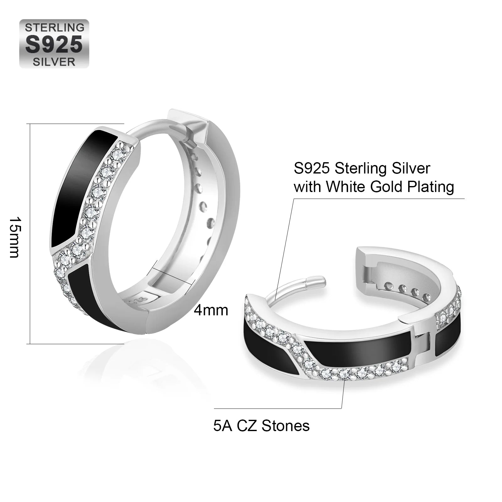 S925 Silver Iced Black Hoop Earrings in White Gold - 15mm Earrings 