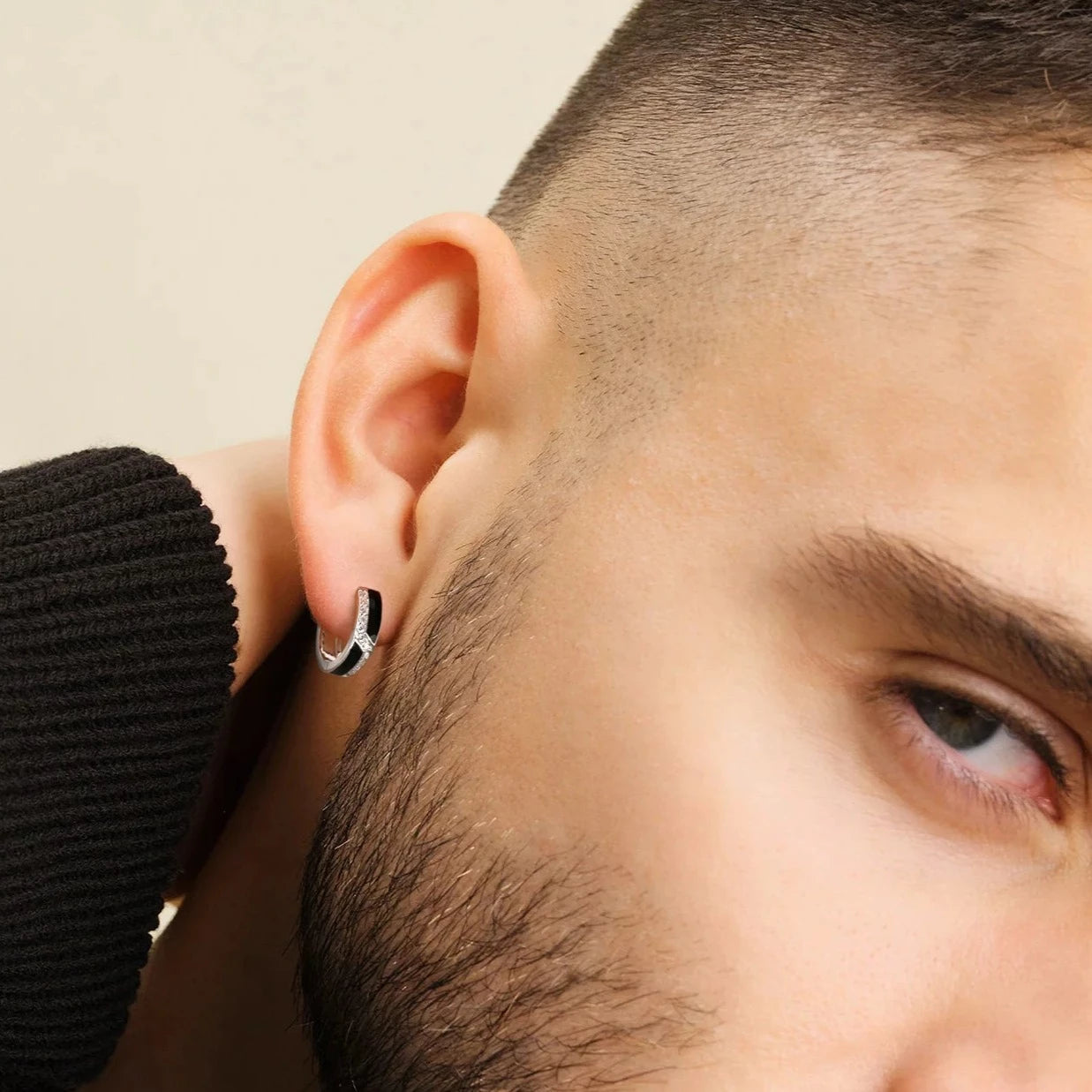 S925 Silver Iced Black Hoop Earrings in White Gold - 15mm Earrings 