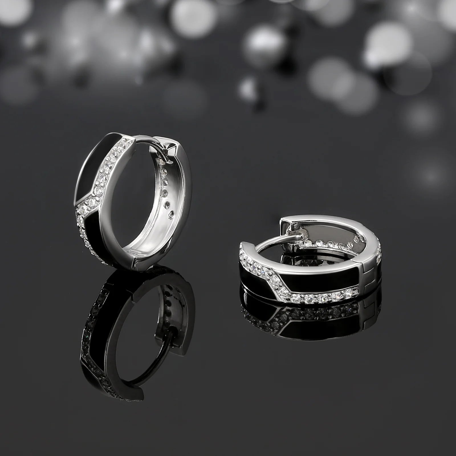 S925 Silver Iced Black Hoop Earrings in White Gold - 15mm Earrings 